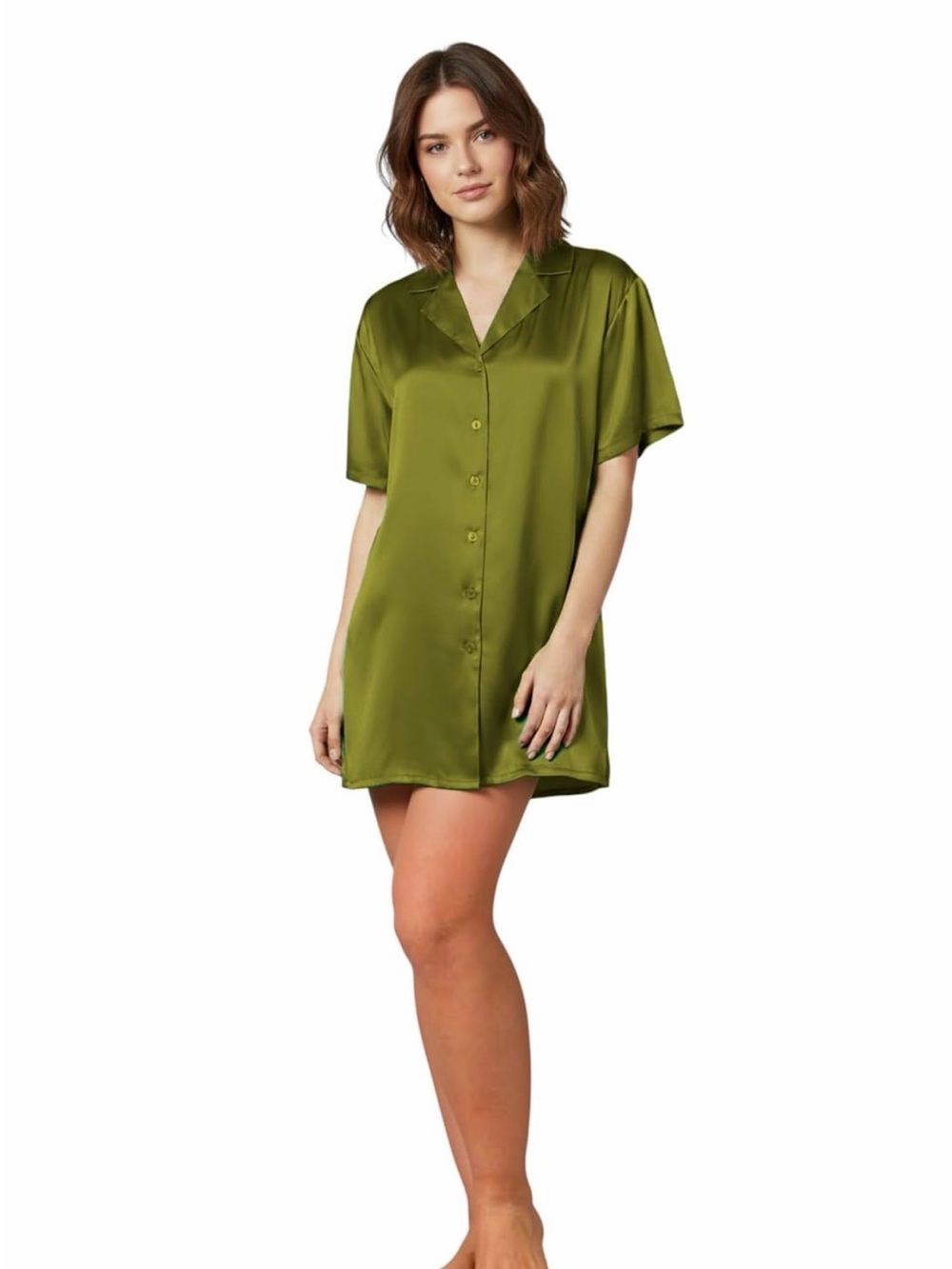 Short Sleeve Button-Front Sleep Shirt - Olive Green
